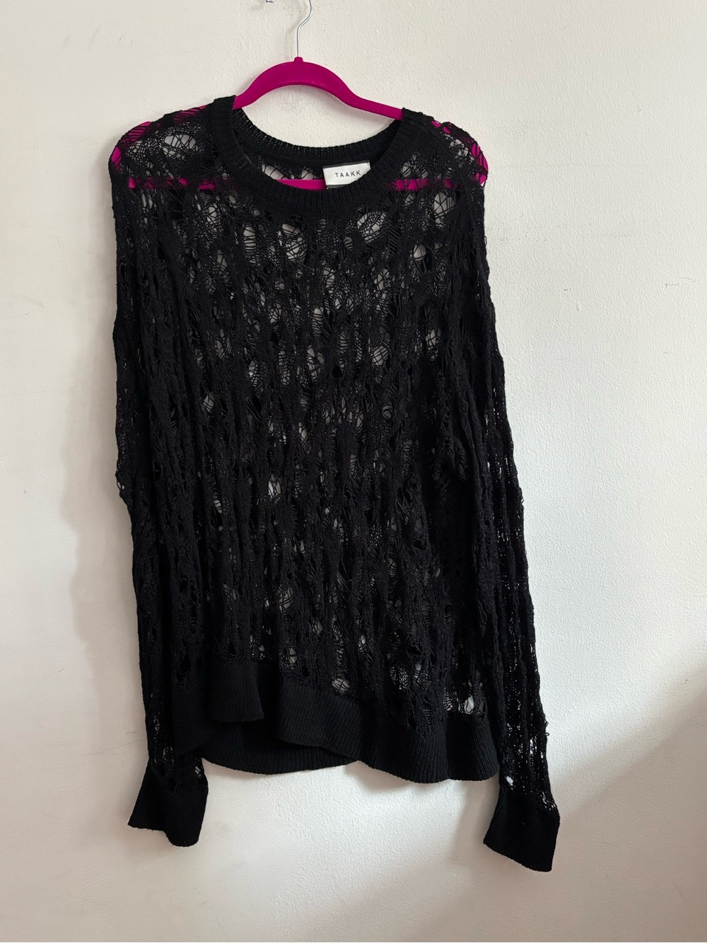 TAAKK black lace knit sweater with textured openwork design